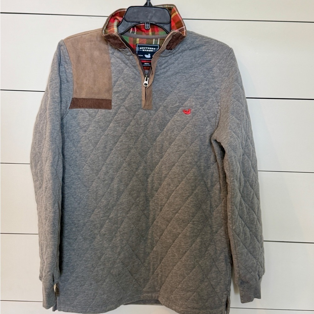 Southern Marsh Gray Quilted Quarter Zip  with Tan Suede Detail size Sm